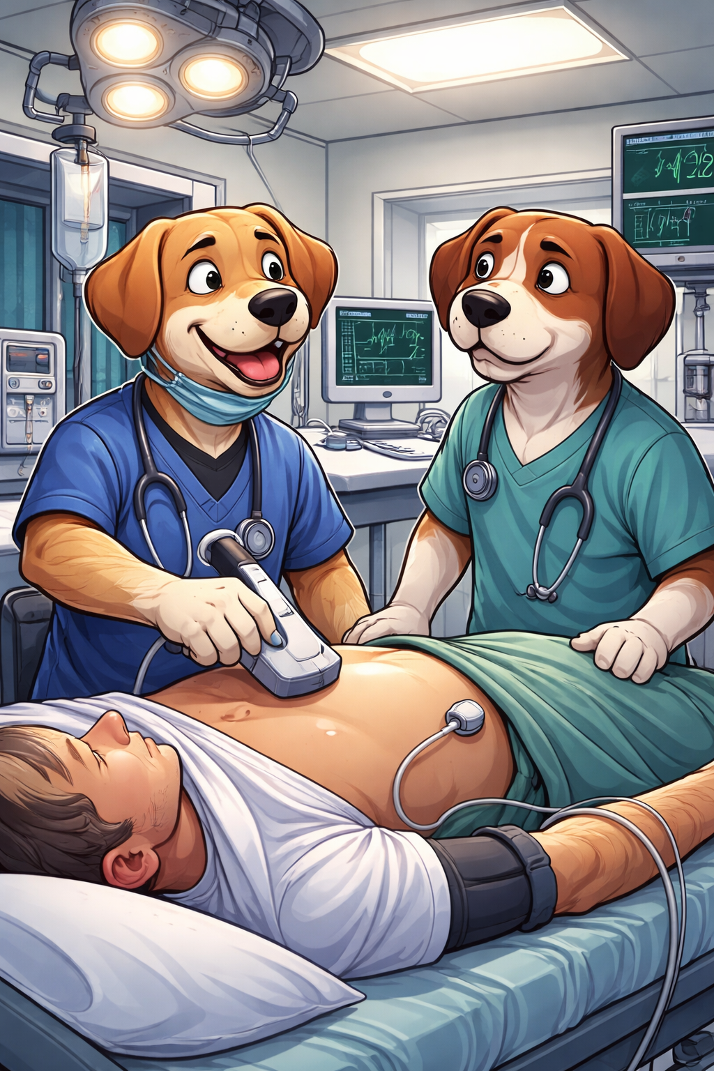 Two cartoon dogs performing an ultrasound on a patient in the emergency department